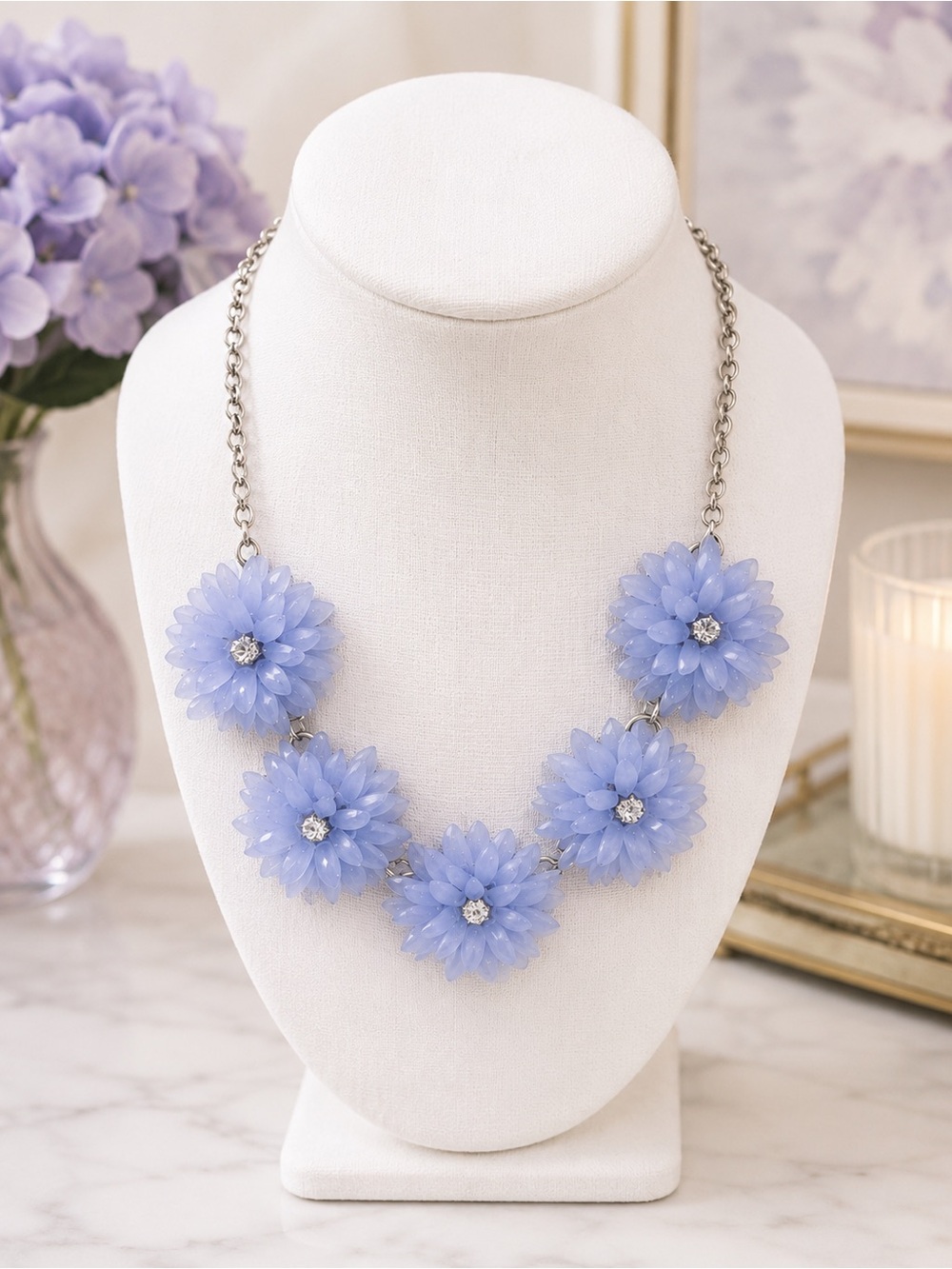 Signed J Crew Periwinkle Floral Statement Necklace